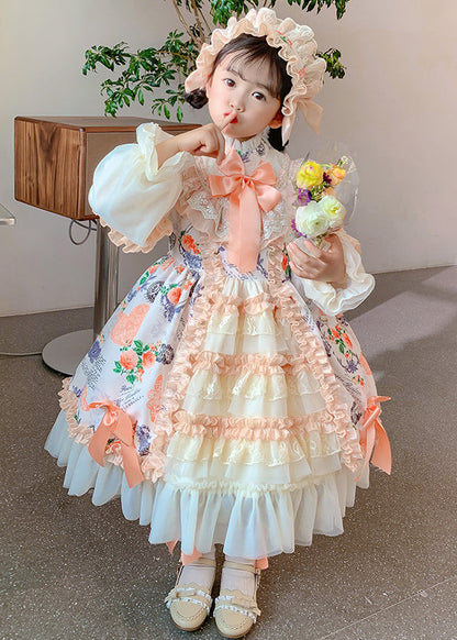 New Print Ruffled Bow Patchwork Cotton Kids Princess Dresses Autumn