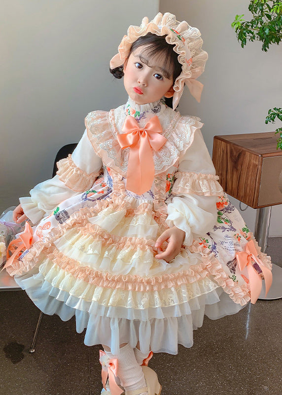 New Print Ruffled Bow Patchwork Cotton Kids Princess Dresses Autumn