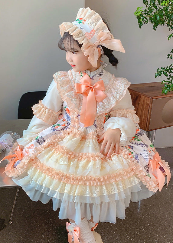 New Print Ruffled Bow Patchwork Cotton Kids Princess Dresses Autumn