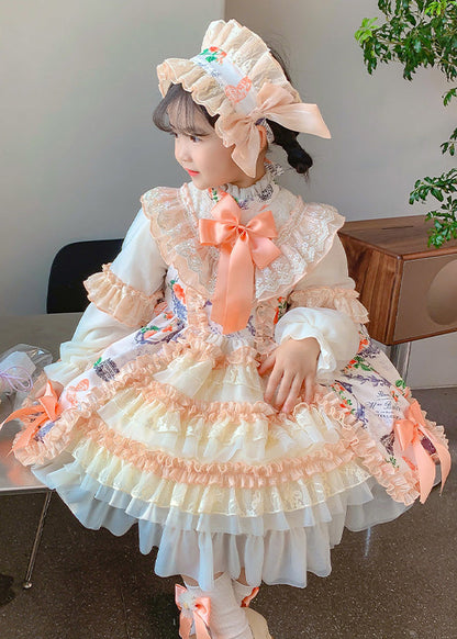 New Print Ruffled Bow Patchwork Cotton Kids Princess Dresses Autumn