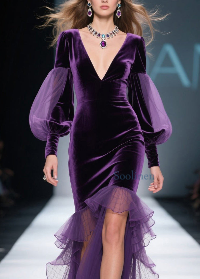 New Purple Asymmetrical Ruffled Patchwork Velvet Dress Spring