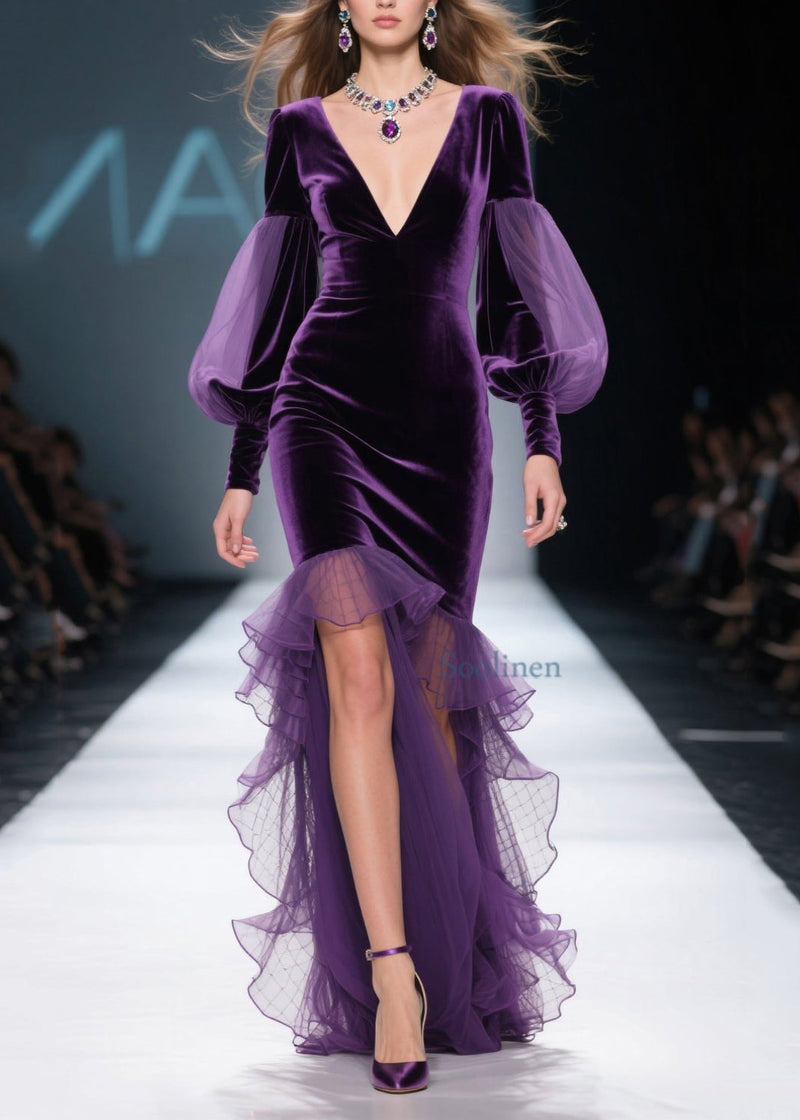 New Purple Asymmetrical Ruffled Patchwork Velvet Dress Spring