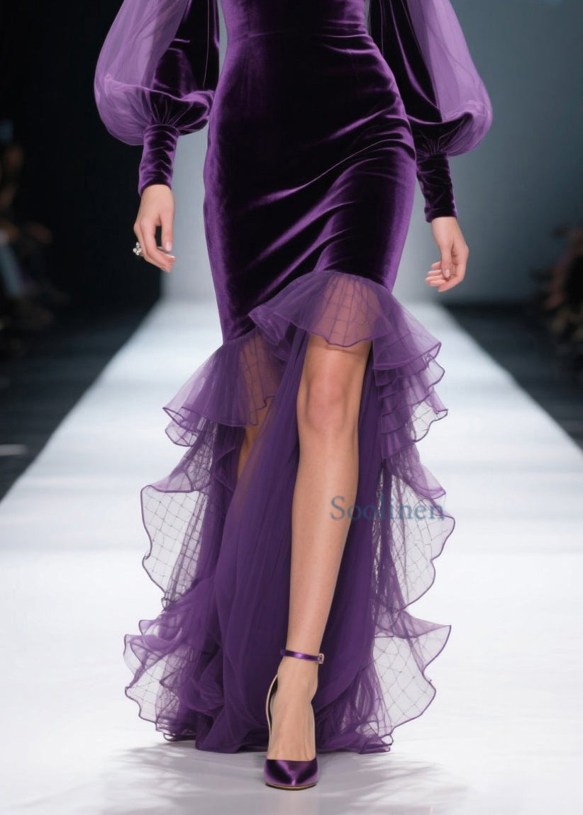 New Purple Asymmetrical Ruffled Patchwork Velvet Dress Spring