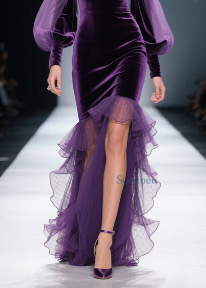 New Purple Asymmetrical Ruffled Patchwork Velvet Dress Spring