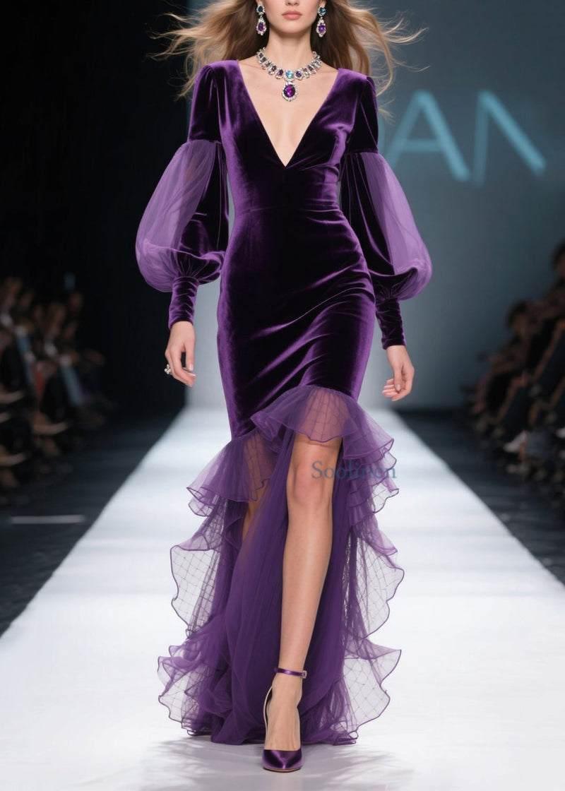 New Purple Asymmetrical Ruffled Patchwork Velvet Dress Spring