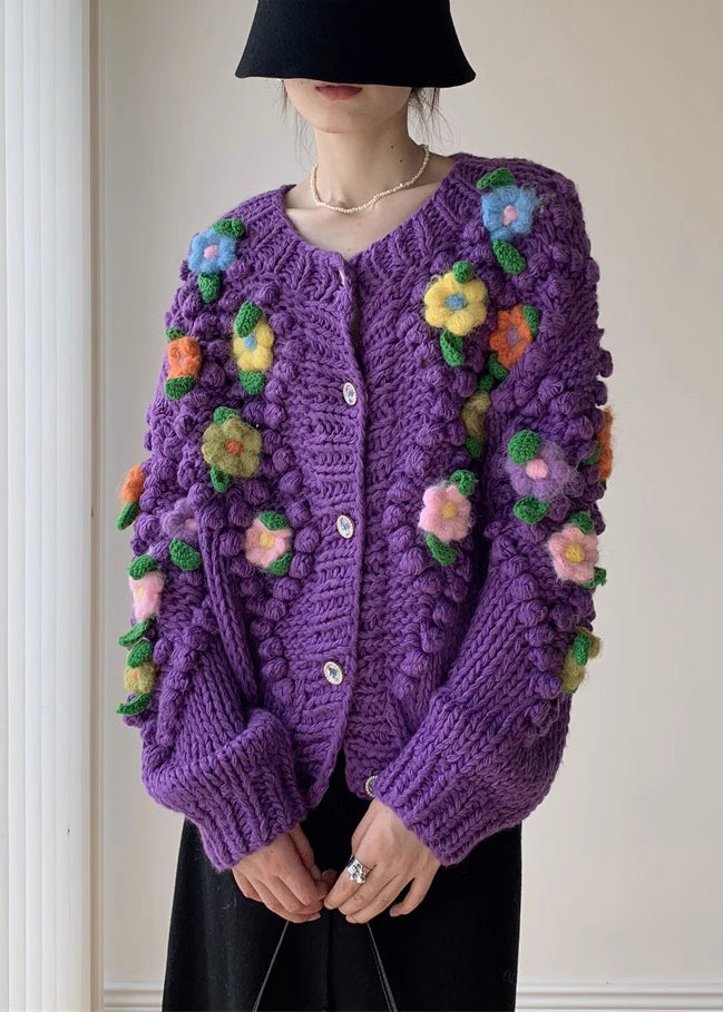 New Purple Button Patchwork Knit Coat Spring