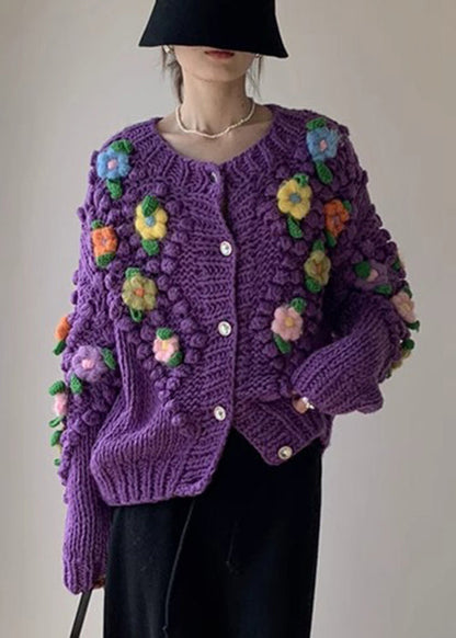 New Purple Button Patchwork Knit Coat Spring