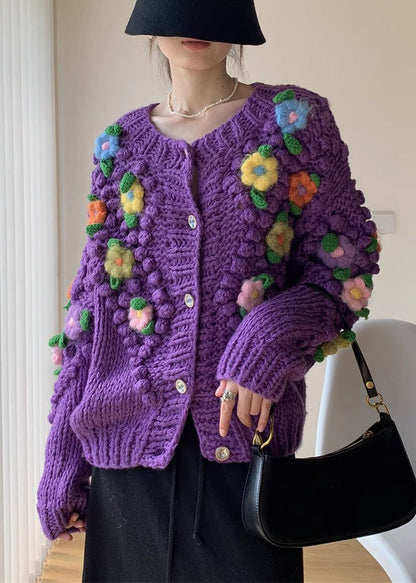 New Purple Button Patchwork Knit Coat Spring