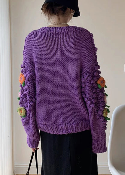 New Purple Button Patchwork Knit Coat Spring
