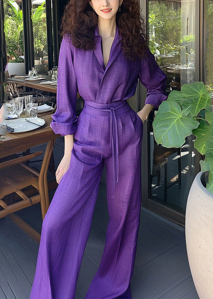 New Purple Lace Up Pockets Shirts and Pants Cotton Two Piece Set Spring