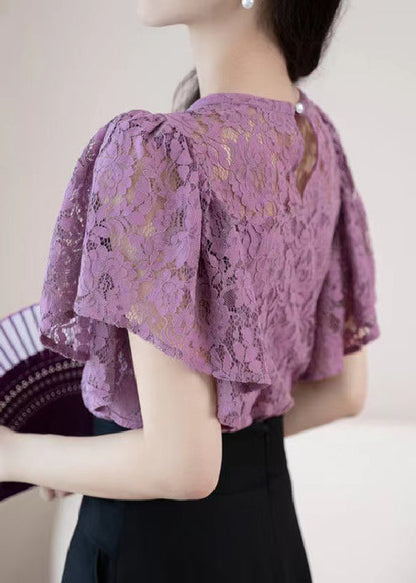 New Purple O-neck Hollow Out Lace Shirt Summer
