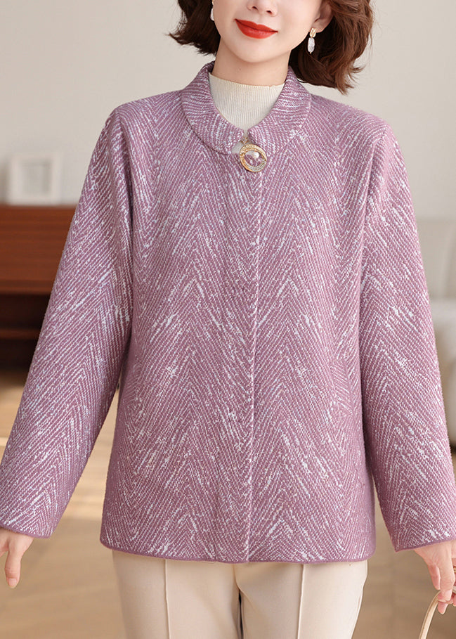 New Purple O-neck Patchwork Knit Cardigan Spring