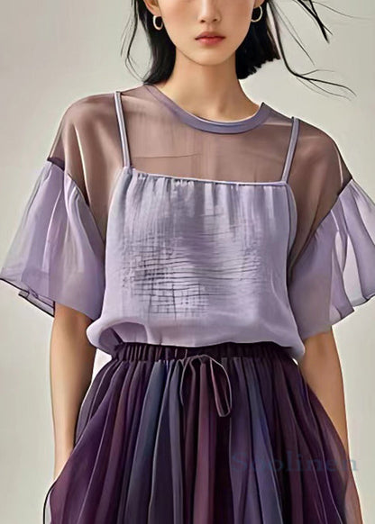New Purple O Neck Cotton Top Short Sleeve