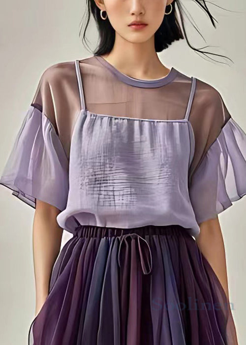 New Purple O Neck Cotton Top Short Sleeve