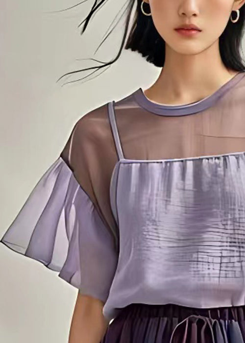 New Purple O Neck Cotton Top Short Sleeve