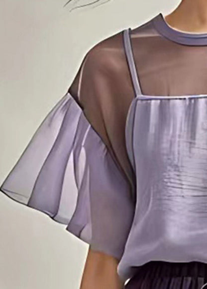 New Purple O Neck Cotton Top Short Sleeve