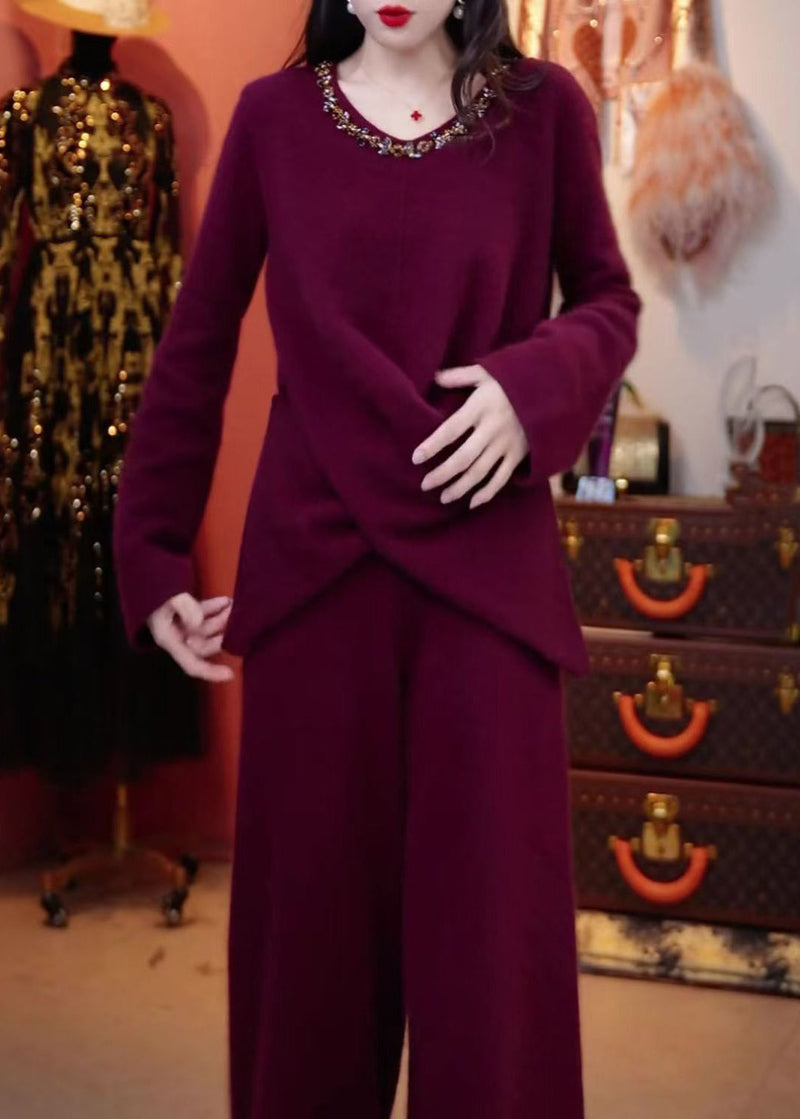 New Purple O Neck Sweaters and Pants Knit Two Pieces Set Winter