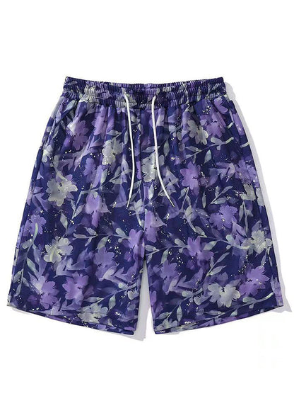 New Purple Print Lace Up Elastic Waist Cotton Beach Shorts Summer