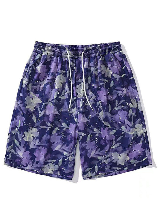 New Purple Print Lace Up Elastic Waist Cotton Beach Shorts Summer