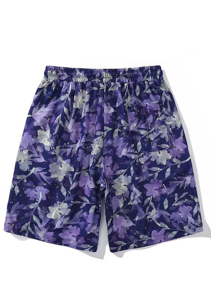 New Purple Print Lace Up Elastic Waist Cotton Beach Shorts Summer