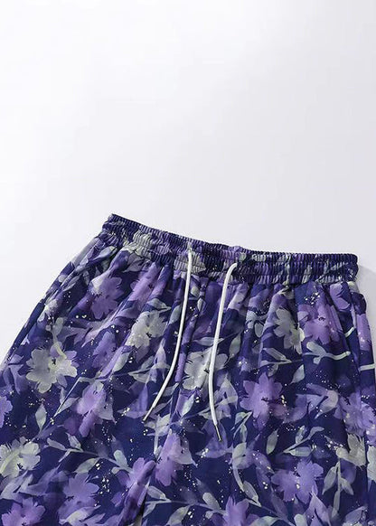 New Purple Print Lace Up Elastic Waist Cotton Beach Shorts Summer