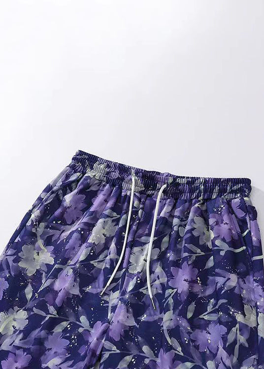 New Purple Print Lace Up Elastic Waist Cotton Beach Shorts Summer