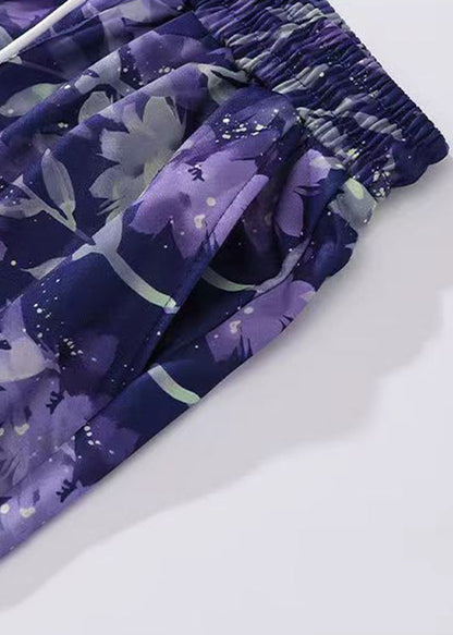 New Purple Print Lace Up Elastic Waist Cotton Beach Shorts Summer