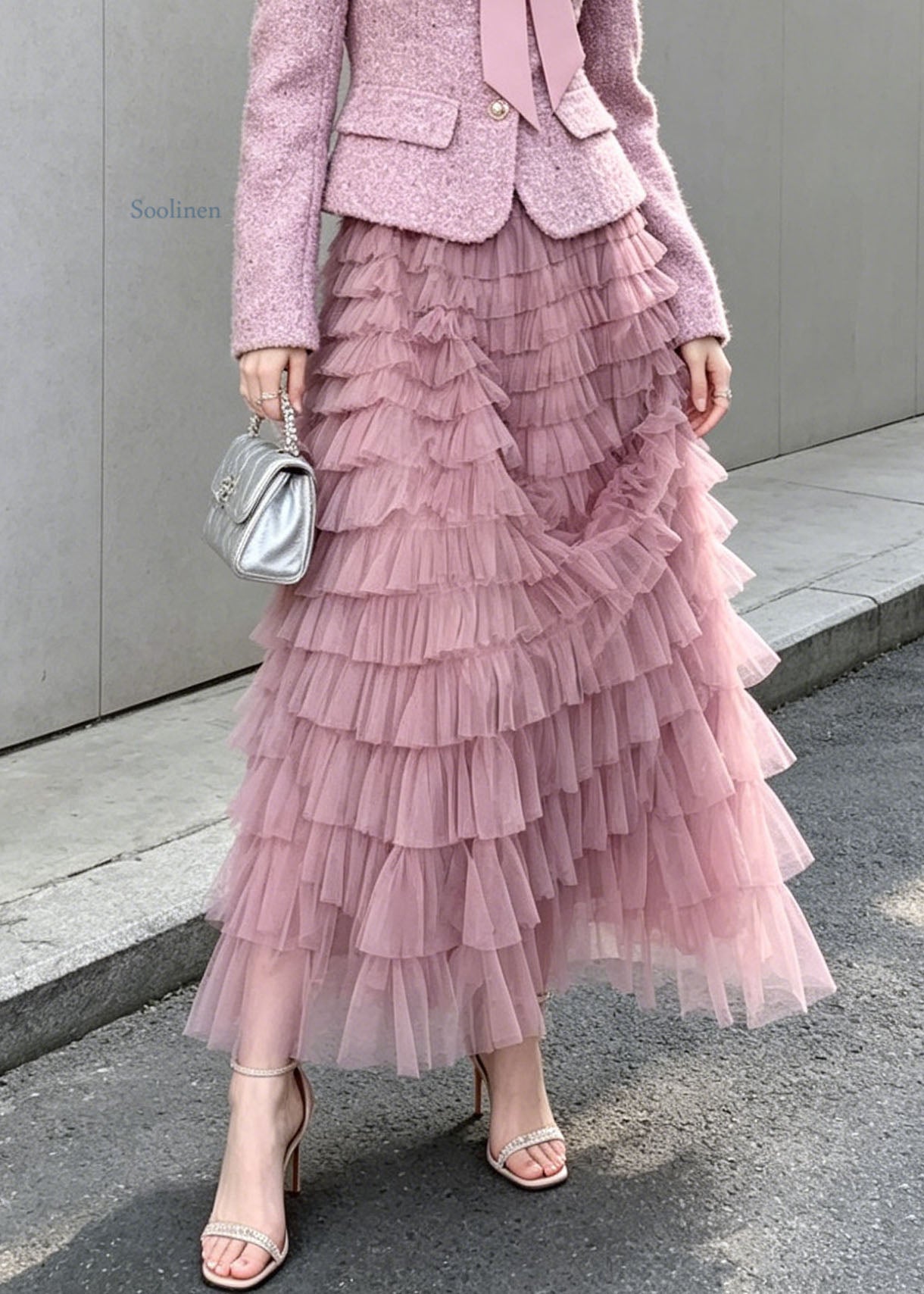 New Purple Woolen Coat and Tulle Ruffled Skirts Sets 2 Pieces Fall