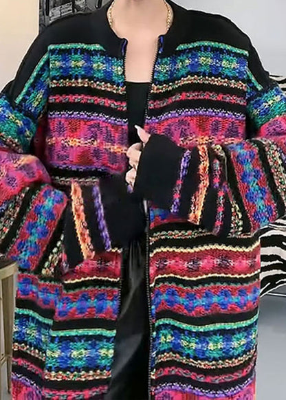 New Rainbow O-neck Zip Up Patchwork Knit Cardigans Spring