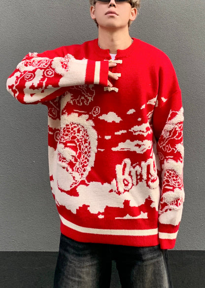 New Red Button Patchwork Knit Sweaters Spring