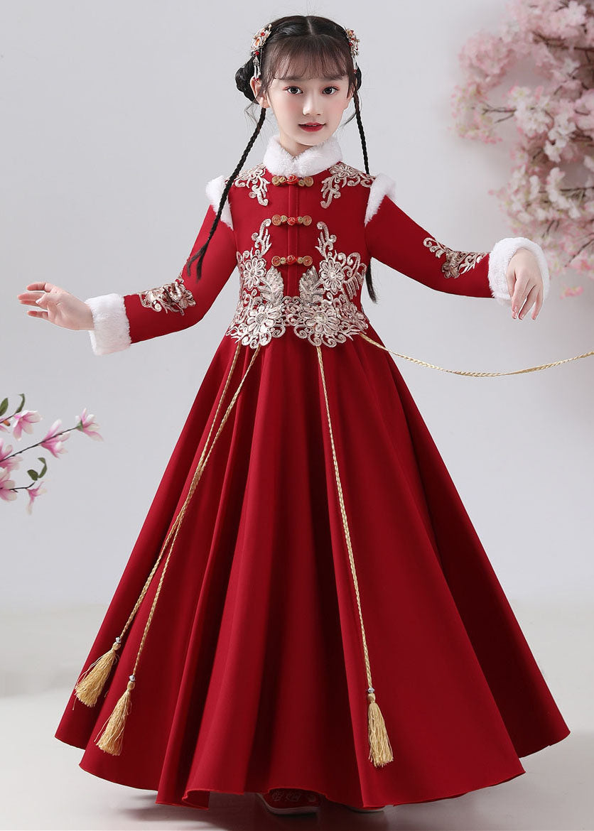 New Red Fur Collar Embroideried Button Warm Fleece Maxi Dresses Winter