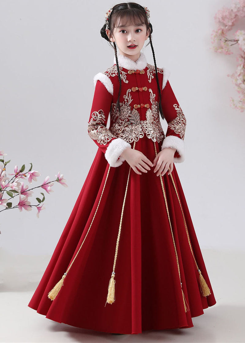 New Red Fur Collar Embroideried Button Warm Fleece Maxi Dresses Winter