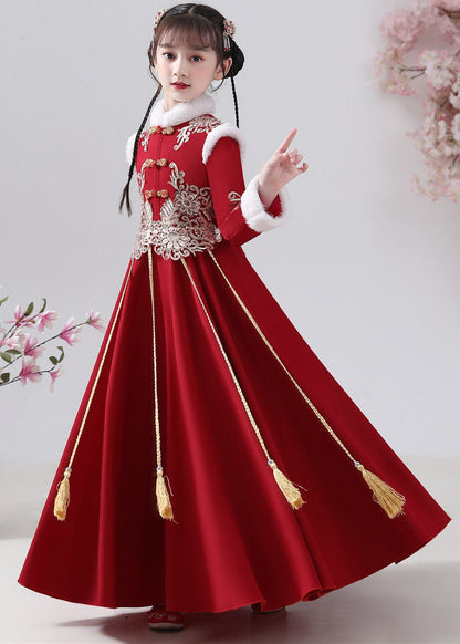 New Red Fur Collar Embroideried Button Warm Fleece Maxi Dresses Winter