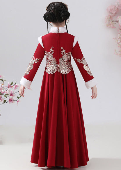 New Red Fur Collar Embroideried Button Warm Fleece Maxi Dresses Winter