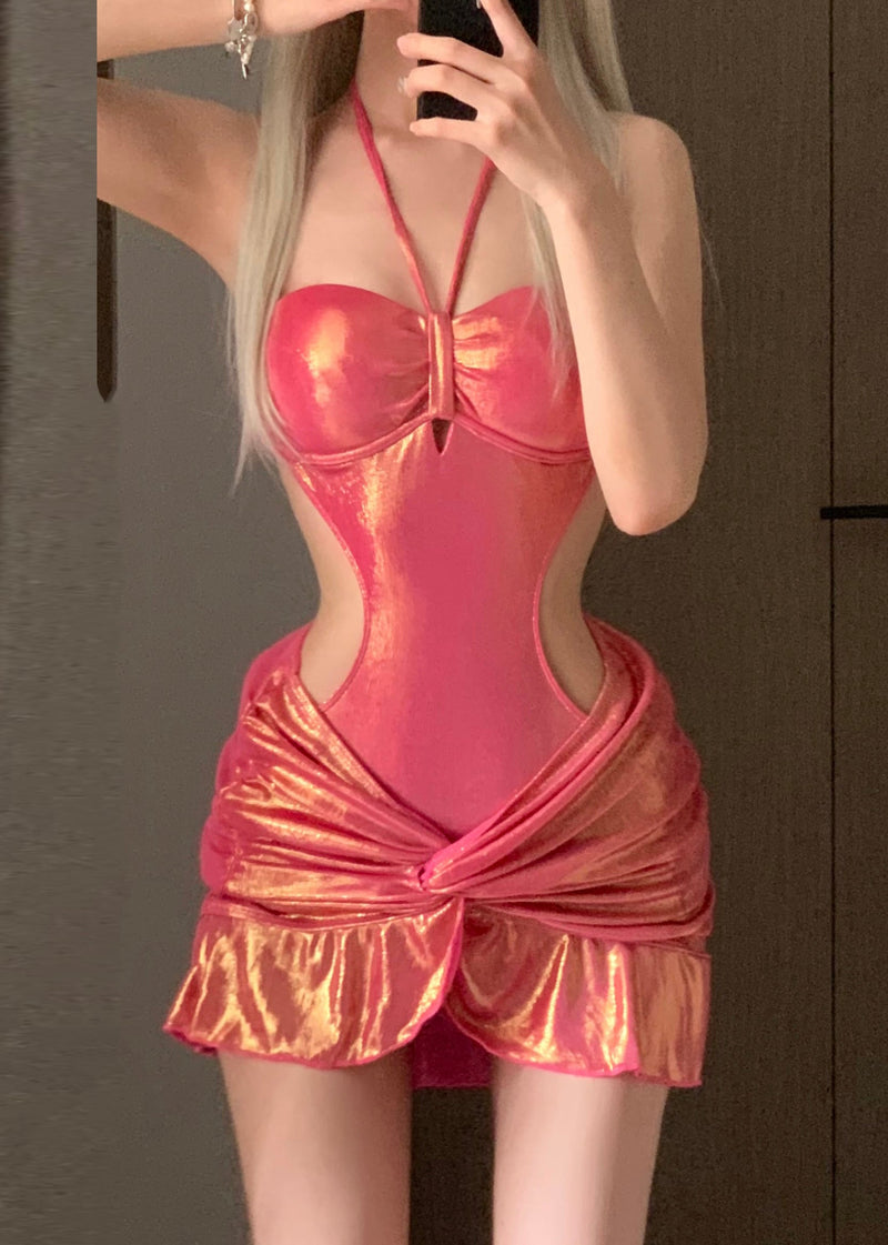 New Red Halter Wrinkled Bodysuit and Skirts Lingerie Sets