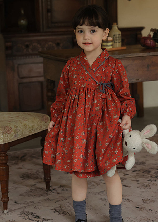 New Red Lace Up Wrinkled Print Patchwork Cotton Kids Dresses Fall