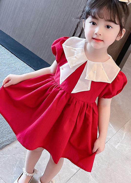 New Red Nail Bead Wrinkled Patchwork Cotton Baby Dress Summer