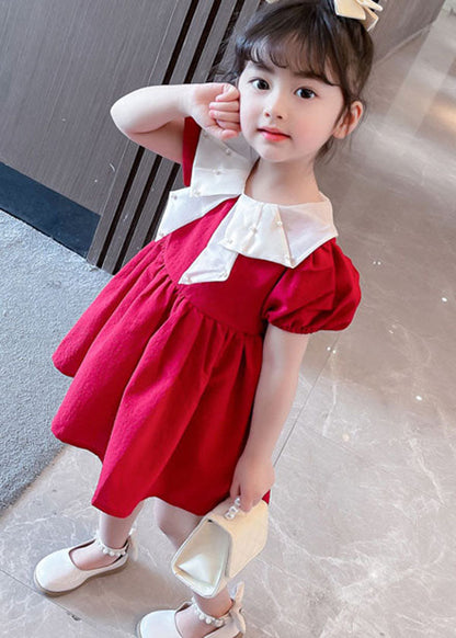 New Red Nail Bead Wrinkled Patchwork Cotton Baby Dress Summer