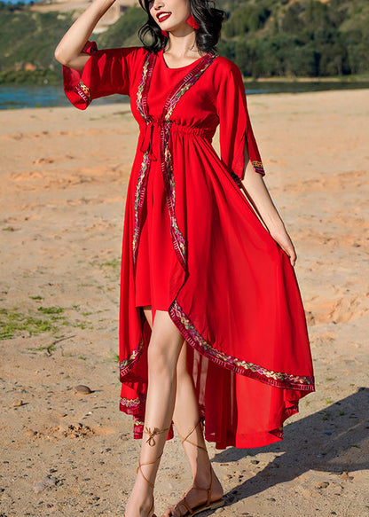 New Red O Neck Drawstring Patchwork Chiffon Two Piece Set Summer