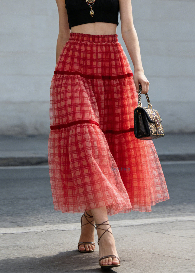 New Red Plaid Wrinkled Patchwork Tulle Skirts Summer