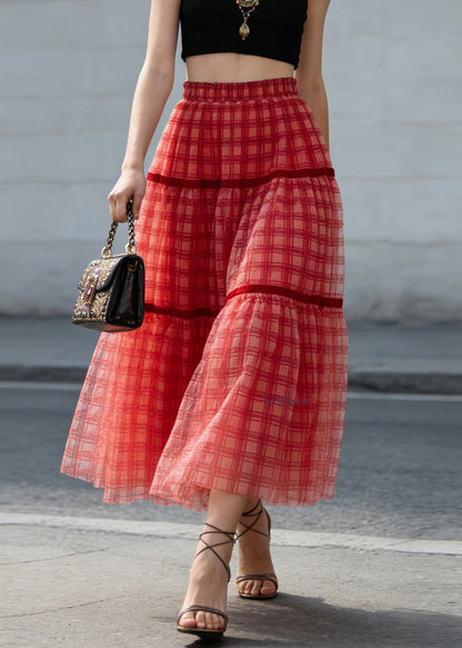 New Red Plaid Wrinkled Patchwork Tulle Skirts Summer