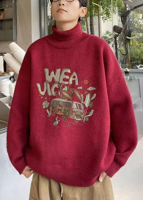 New Red Print Cozy Knit Sweaters Turtleneck Winter