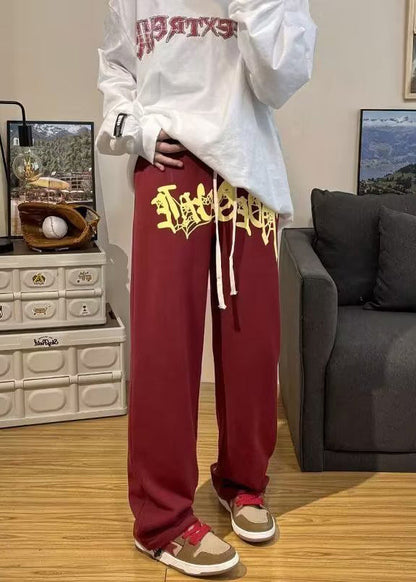 New Red Print Pockets Elastic Waist Cotton Pants Spring