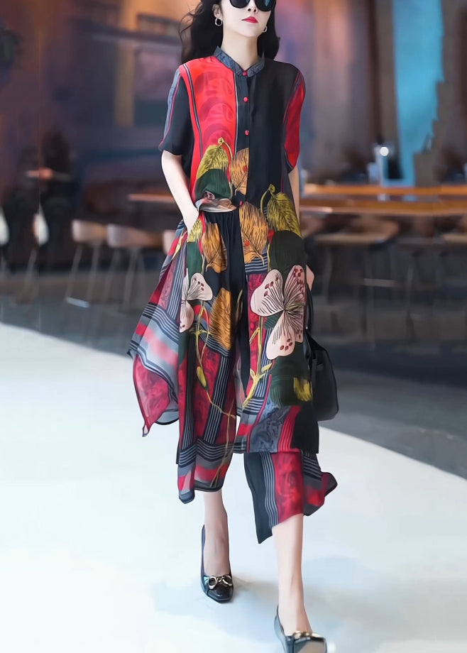 New Red Print Tops and Wide Leg Pants Silk Two Piece Set Summer