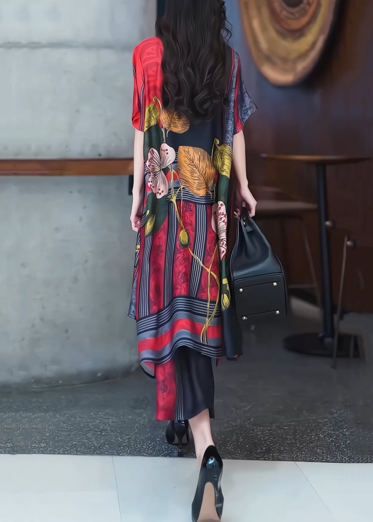 New Red Print Tops and Wide Leg Pants Silk Two Piece Set Summer