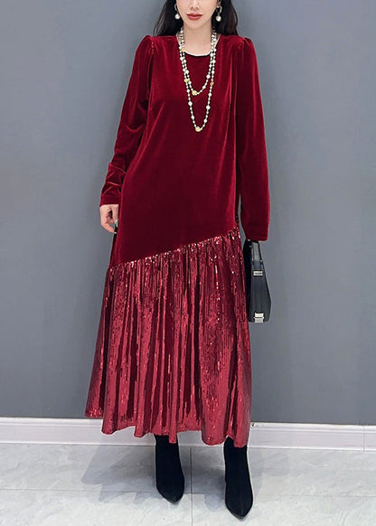 New Red Patchwork Silk Velvet Long Dress Long Sleeve