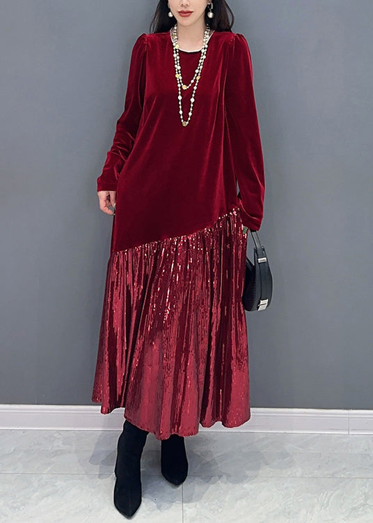 New Red Patchwork Silk Velvet Long Dress Long Sleeve