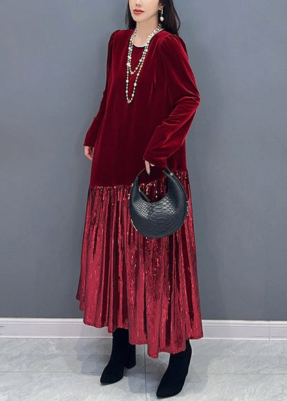 New Red Patchwork Silk Velvet Long Dress Long Sleeve