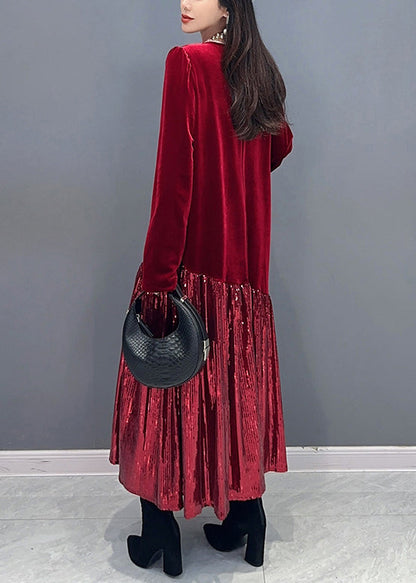 New Red Patchwork Silk Velvet Long Dress Long Sleeve