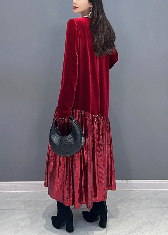 New Red Patchwork Silk Velvet Long Dress Long Sleeve